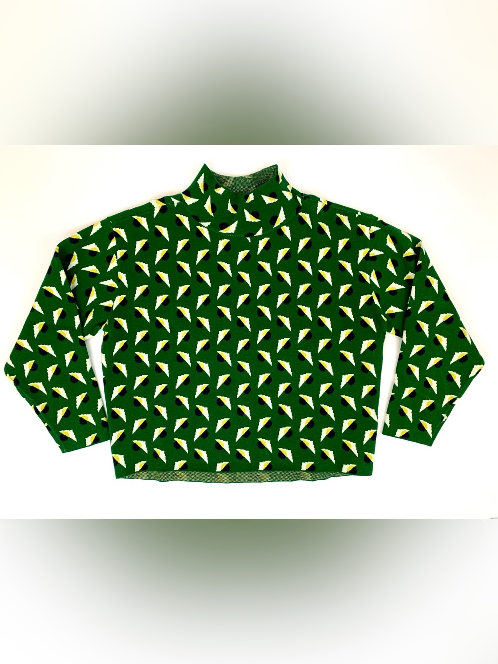 Anthropologie Green Geometric Mock Neck Sweatshirt with White and Yellow Accents